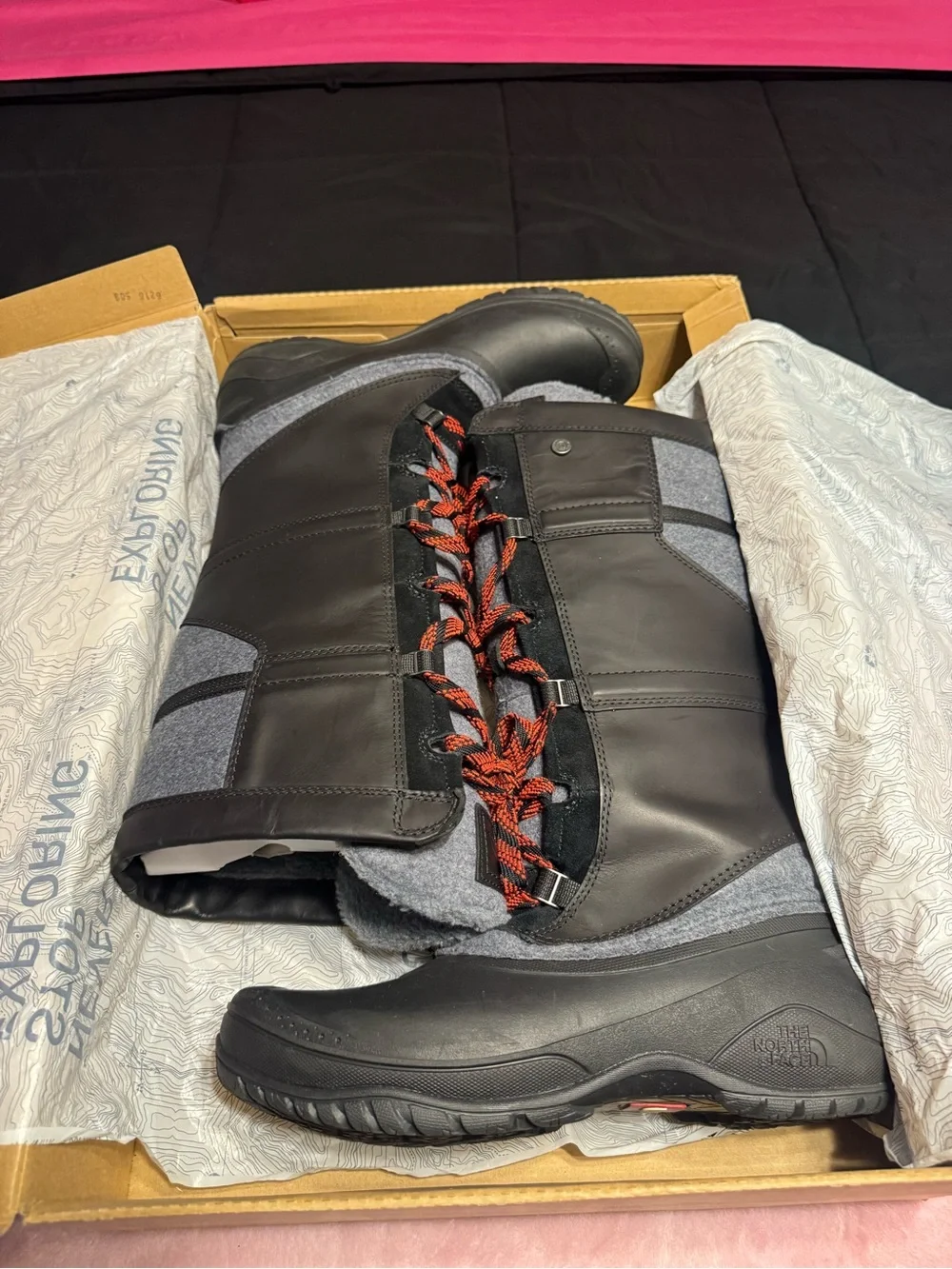 The North Face Women's Black and Gray Winter Lace-Up Boots with Red Accents